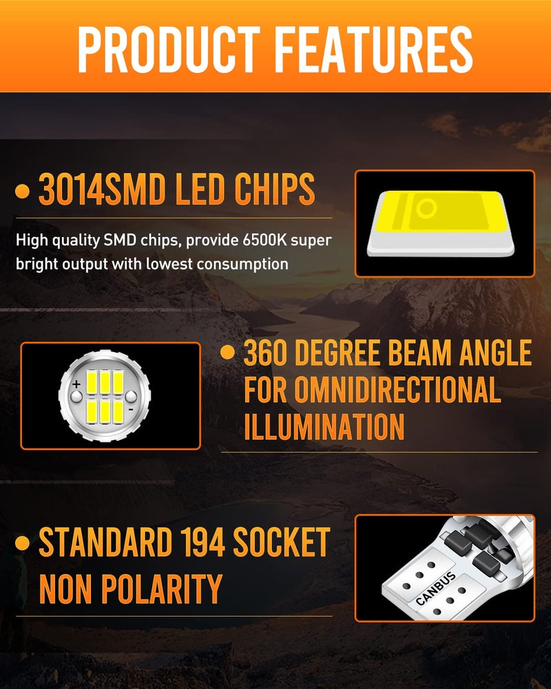 LUYED 194 LED Bulb Xenon White 9-30v Canbus Error Free W5W 168 2825 Led Bulbs for Dome Map Door Courtesy Trunk Parking License Plate Lights,Pack of 2 - Image 2
